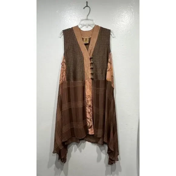 URU Mixed Print Flowy Asymmetrical Tunic Top Womens One Size Silk Boho FLAWED - Picture 1 of 16